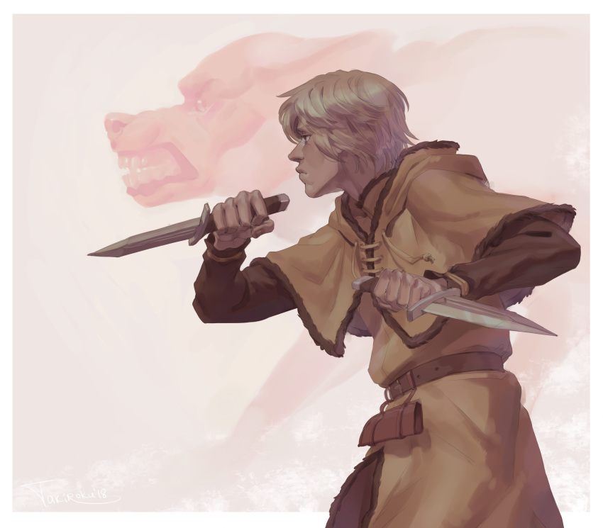 1boy, blonde_hair, cosplay, dual_wielding, fighting_stance, fur_trim, highres, holding, holding_weapon, knife, looking_to_the_side, short_hair, simple_background, thorfinn, thorfinn_(cosplay), tunic, viking, vinland_saga, weapon, wolf