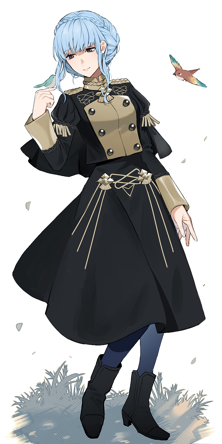 1girl, animal, bangs, bird, bird_on_finger, black_dress, black_eyes, black_footwear, blue_hair, braid, buttons, closed_mouth, crown_braid, dress, epaulettes, eyebrows_visible_through_hair, fire_emblem, fire_emblem:_three_houses, garreg_mach_monastery_uniform, grass, gunjo_fe, highres, juliet_sleeves, lips, long_skirt, long_sleeves, marianne_von_edmund, puffy_sleeves, short_hair, sidelocks, simple_background, skirt, smile, solo, uniform, white_background