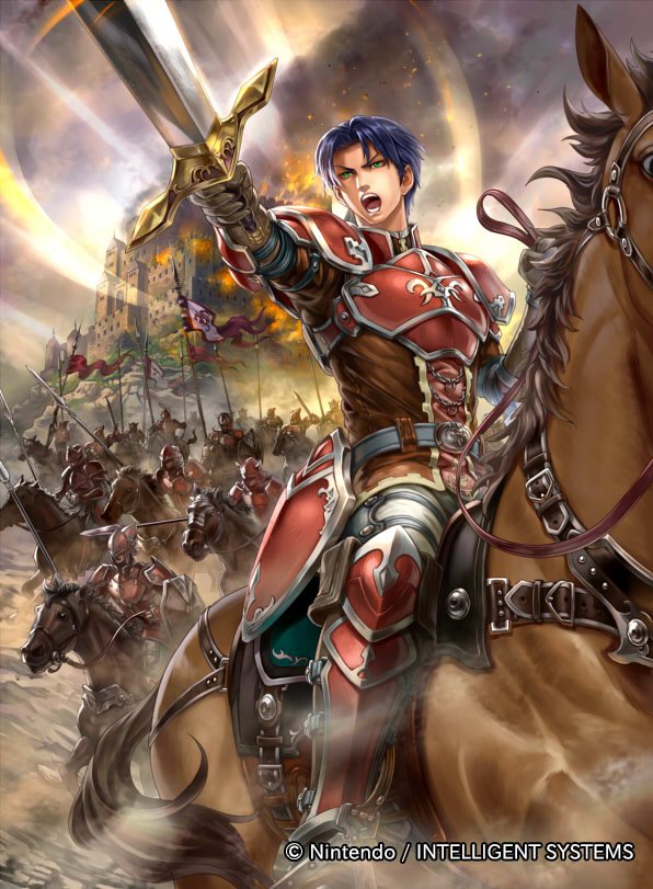 armor, bangs, blue_eyes, blue_hair, boots, burning, castle, company_name, fire_emblem, fire_emblem:_radiant_dawn, fire_emblem_cipher, holding, holding_sword, holding_weapon, horseback_riding, official_art, open_mouth, riding, sword, taneda_kazuhiro, weapon