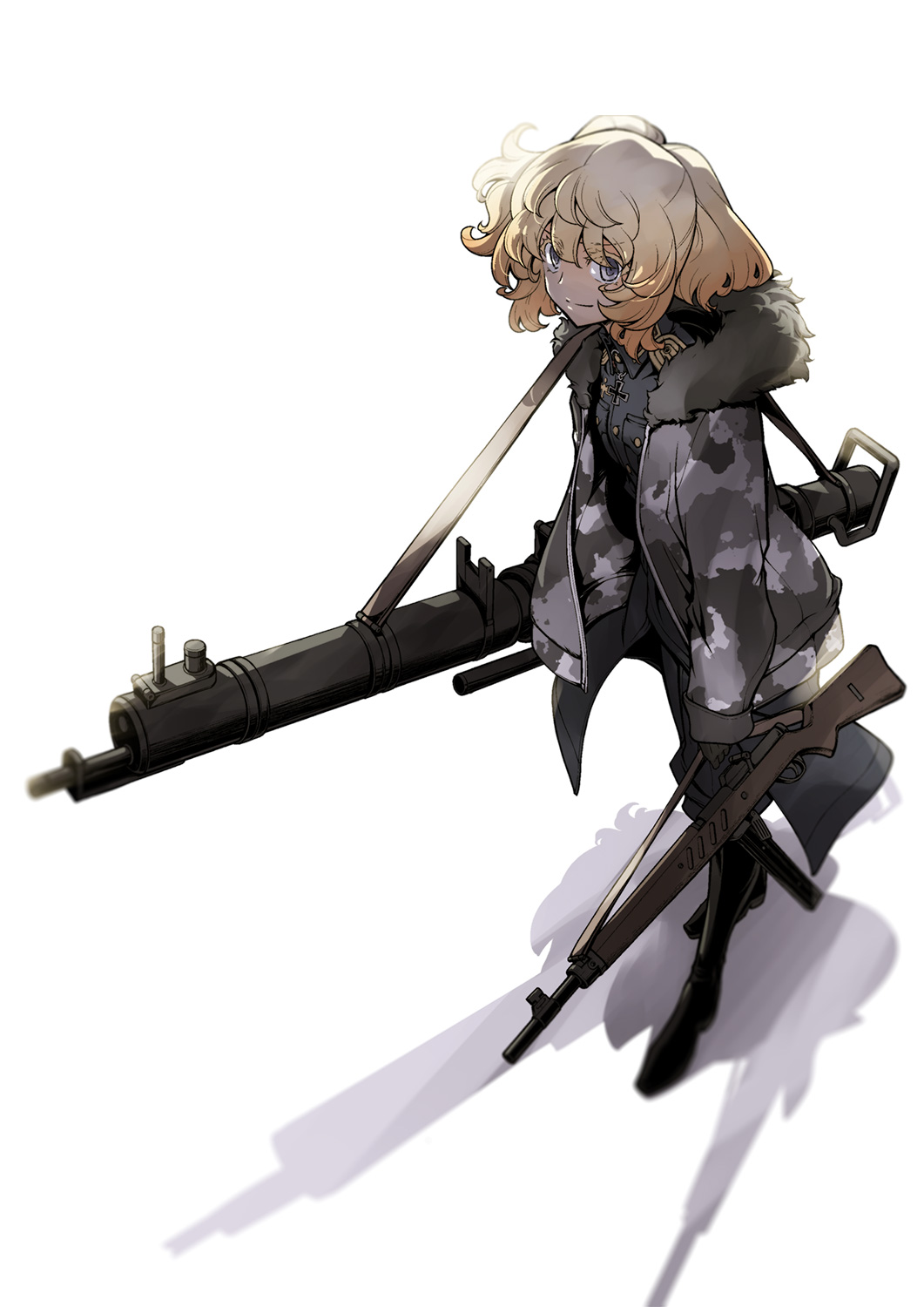 1girl, blonde_hair, blue_eyes, boots, camouflage, camouflage_jacket, fur-trimmed_jacket, fur_collar