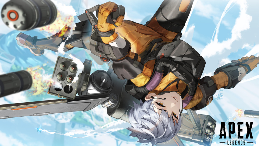 1girl, apex_legends, bodysuit, brown_eyes, controller, copyright_name, firing, flying