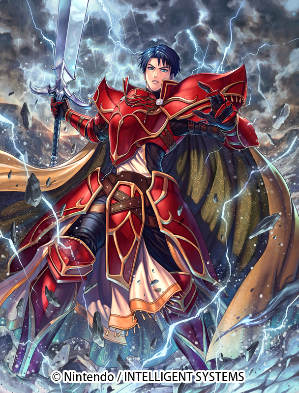 armor, armored_boots, bangs, blue_eyes, blue_hair, boots, cape, company_name