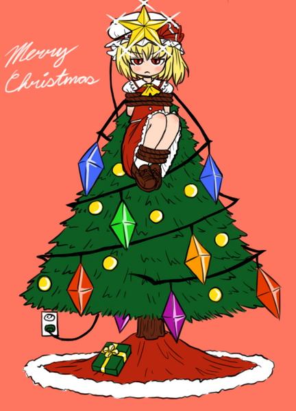 blonde_hair, christmas, christmas_tree, flandre_scarlet, hat, kouotsu, red_eyes, short_hair, solo, touhou, tree, wings