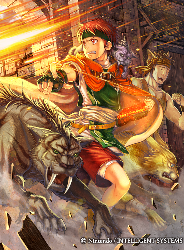 animal_ears, belt, cape, cat_ears, company_name, cuffs, debris, fire, fire_emblem, fire_emblem:_radiant_dawn, fire_emblem_cipher, fleeing, headband, holding, holding_weapon, indoors, multiple_boys, official_art, open_mouth, red_eyes, redhead, sabertooth_cat, shackles, shorts, takaya_tomohide, tormod_(fire_emblem), weapon