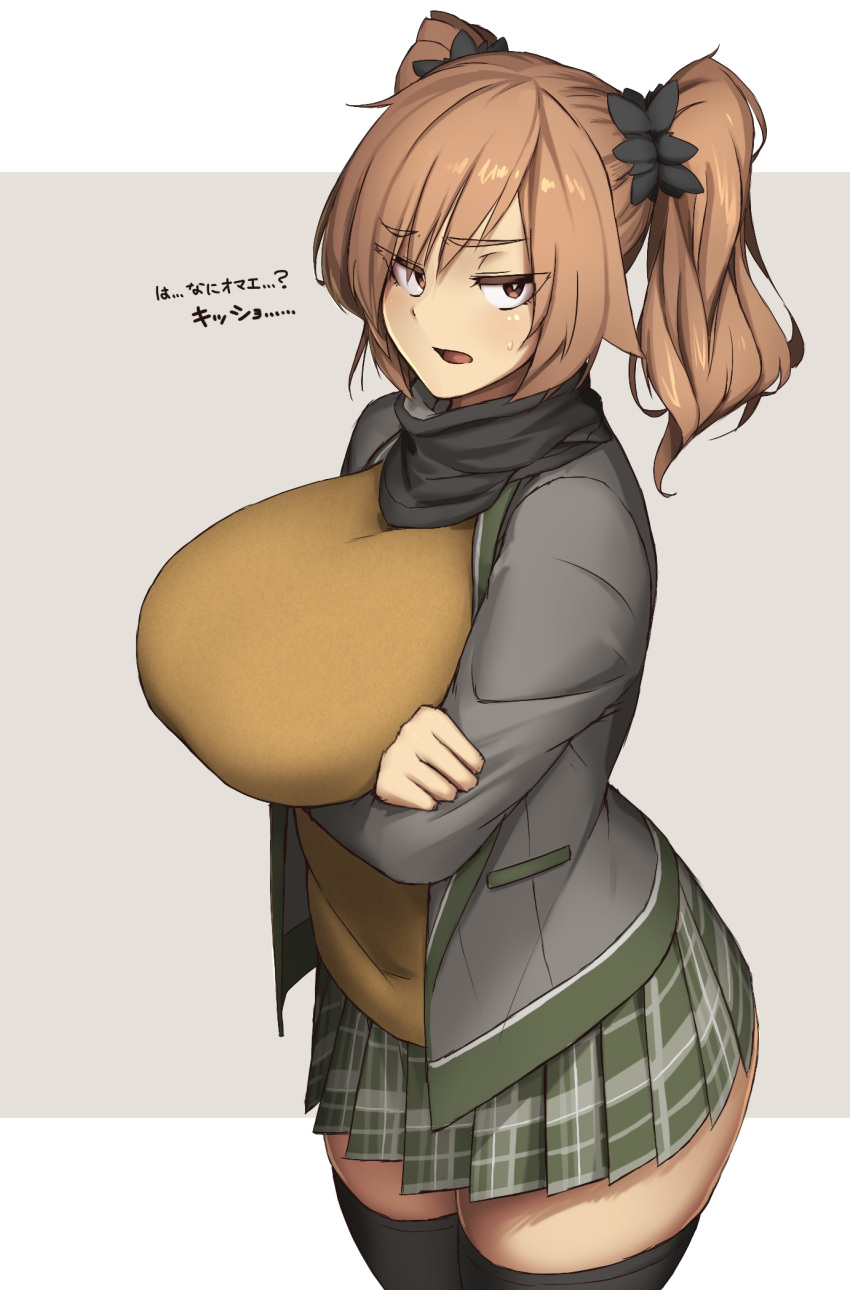 1girl, annoyed, arms_under_breasts, bangs, black_legwear, black_scarf, blazer, breasts