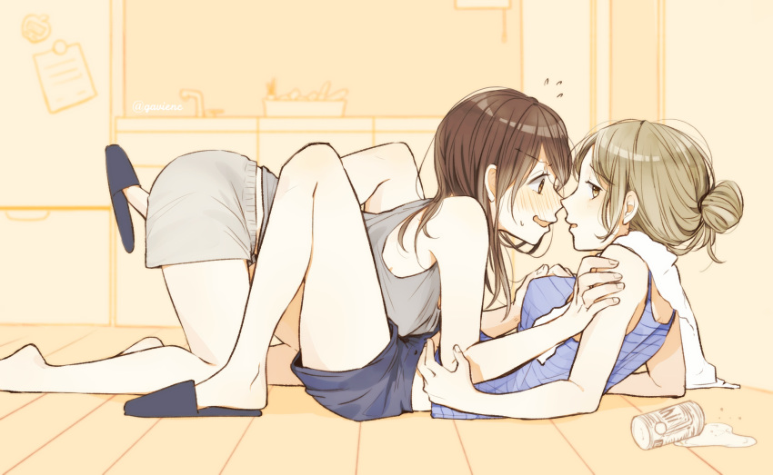 2girls, between_thighs, blush, brown_hair, commentary_request, eyebrows_visible_through_hair, flying_sweatdrops, gavienc