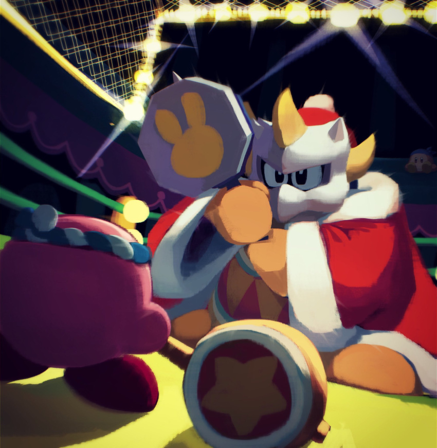 1boy, 1other, bandana, bandana_waddle_dee, battle, blue_bandana, cage, coat