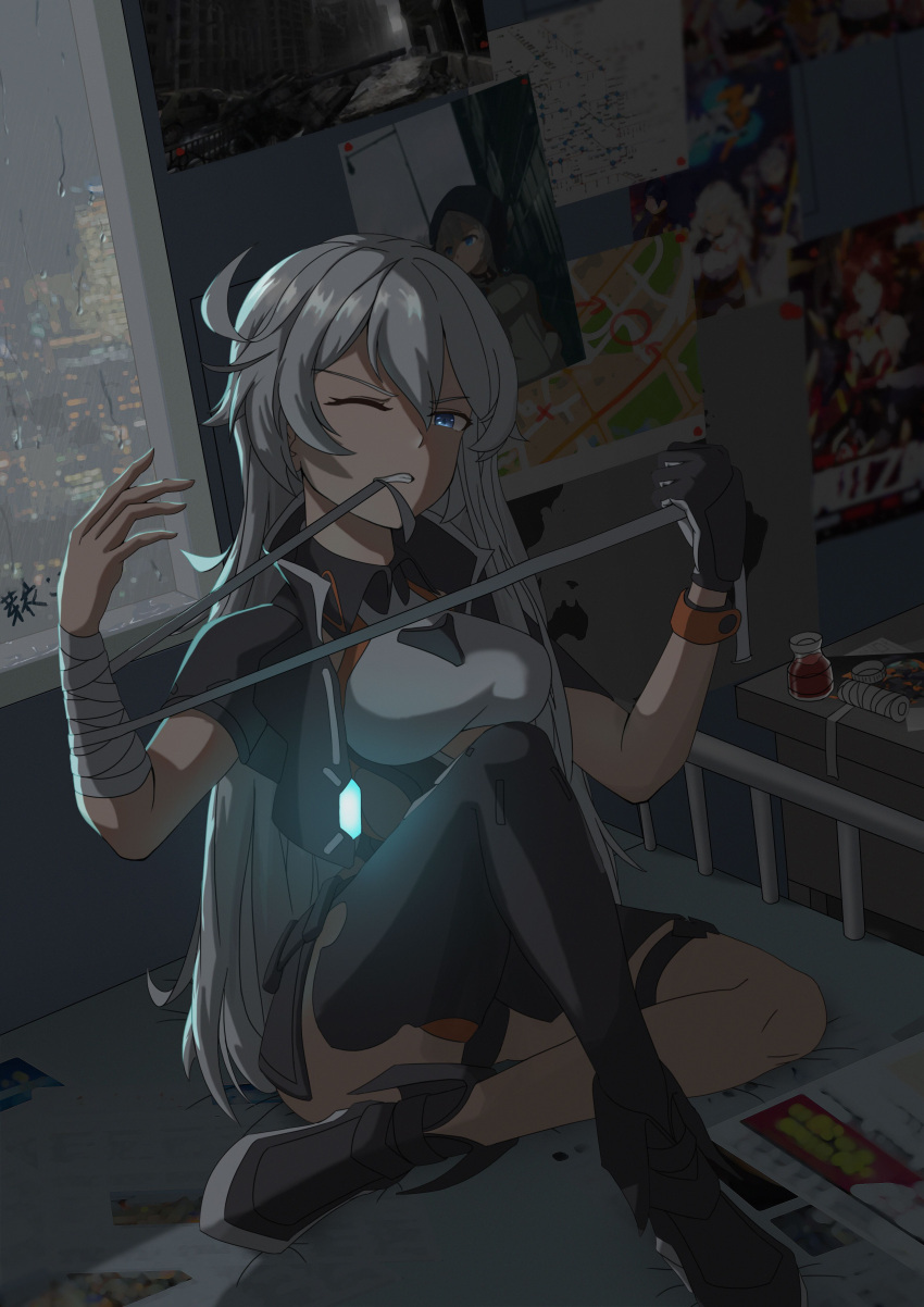 1girl, absurdres, antenna_hair, asymmetrical_legwear, bandages, bangs, bed, black_footwear