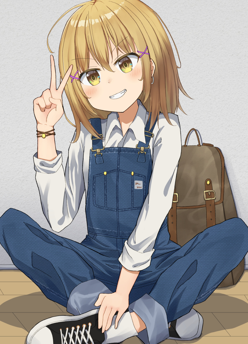 1girl, absurdres, blonde_hair, denim, eyebrows_visible_through_hair, grey_background, hair_between_eyes, hair_ornament