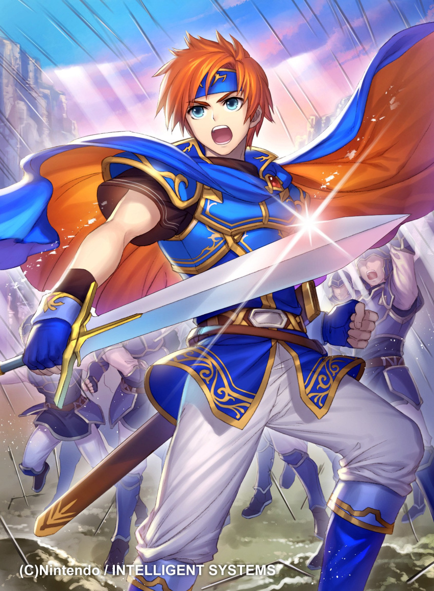 armor, blue_eyes, cape, fingerless_gloves, fire_emblem, fire_emblem:_the_binding_blade, fire_emblem_cipher, gloves, headband, highres, holding, holding_sword, holding_weapon, kh_kyo_hibiki, kyo=hibiki, multiple_boys, open_mouth, outdoors, redhead, roy_(fire_emblem), sword, weapon