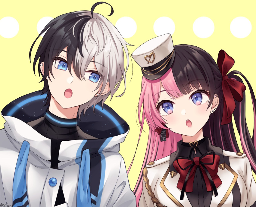 1boy, 1girl, ahoge, black_hair, blue_eyes, bow, hair_ribbon, hat