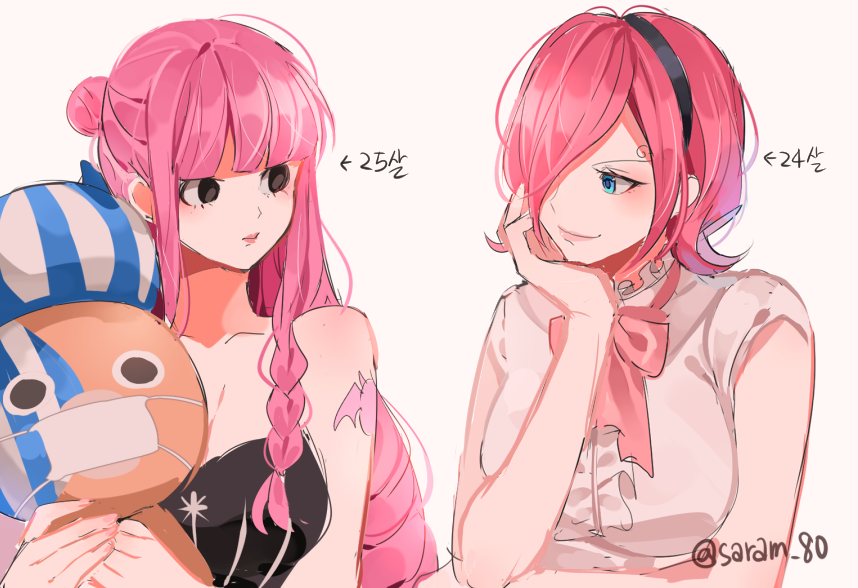 2girls, arm_tattoo, bangs, bare_shoulders, bat_tattoo, black_dress, black_eyes, blue_eyes