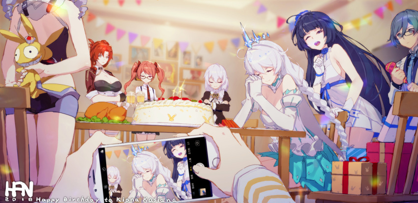 6+girls, back, bangs, bare_shoulders, birthday, birthday_cake, black_hair, braid