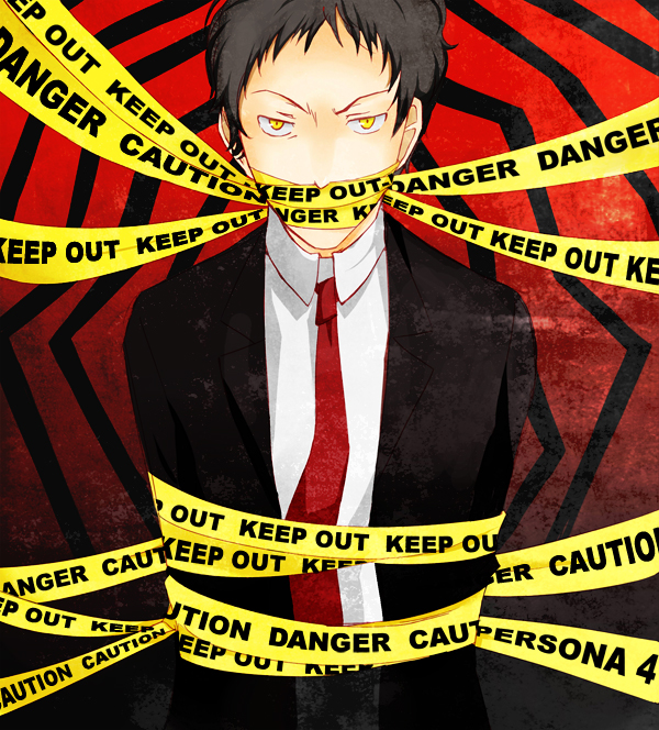 adachi_tohru, adachi_tooru, black_hair, caution_tape, formal, male, necktie, persona
