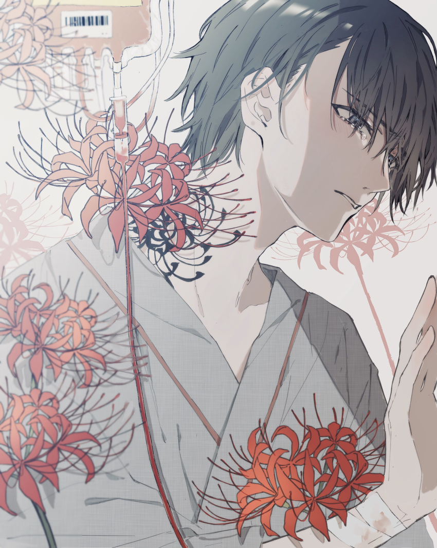 1boy, absurdres, bangs, black_hair, flower, grey_eyes, hand_up, highres