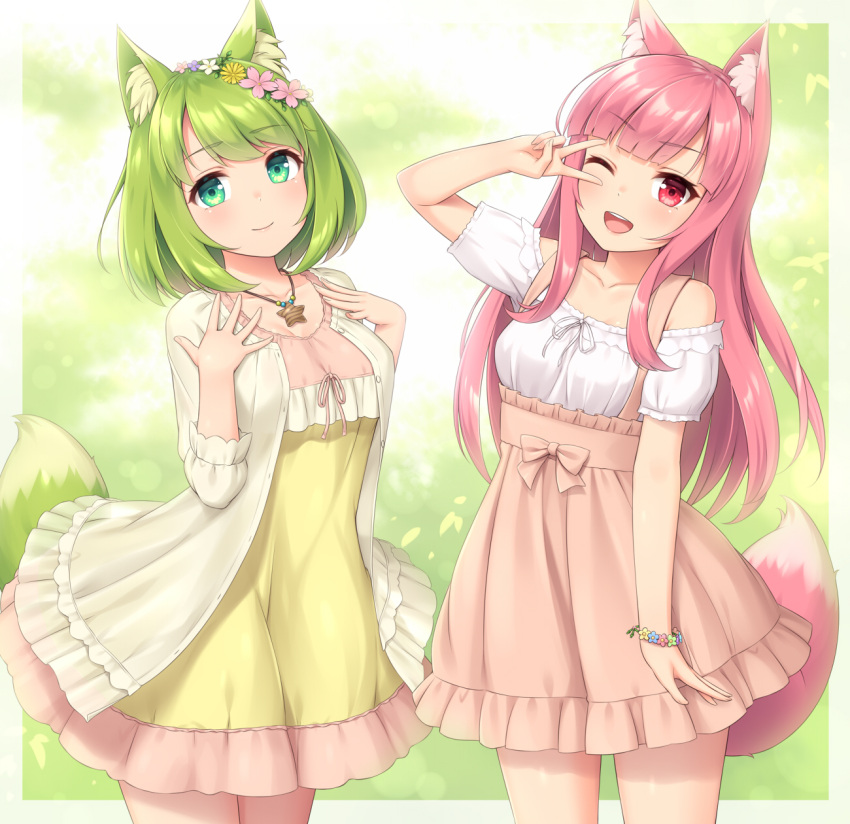 2girls, ;d, animal_ears, bangs, blunt_bangs, breasts, closed_mouth, cowboy_shot, dress, eyebrows_visible_through_hair, fox_ears, green_eyes, green_fox_(sasaame), green_hair, highres, long_hair, medium_breasts, medium_hair, multiple_girls, one_eye_closed, open_mouth, original, outdoors, pink_eyes, pink_fox_(sasaame), pink_hair, sasaame, smile, v_over_eye, yellow_dress