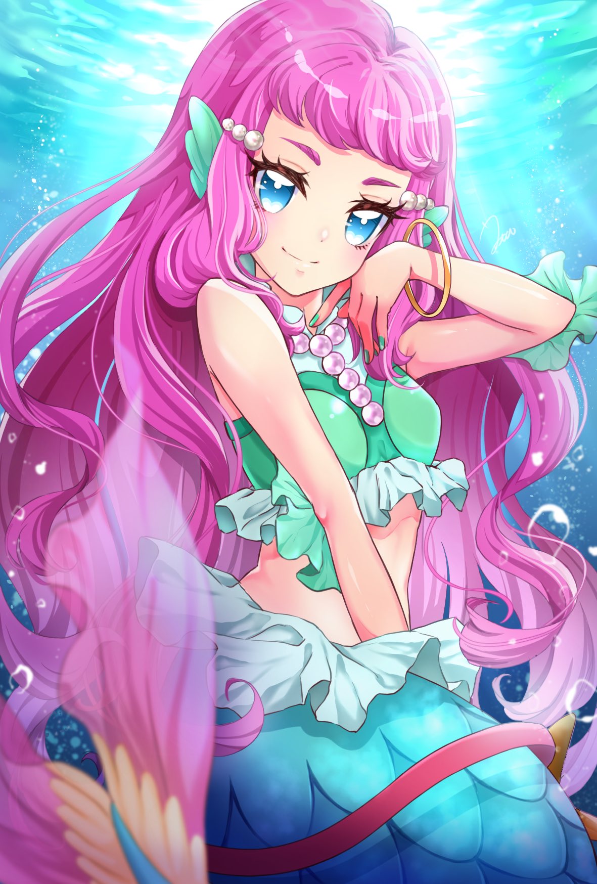 1girl, blue_eyes, blush, bracelet, closed_mouth, fins, head_fins, highres