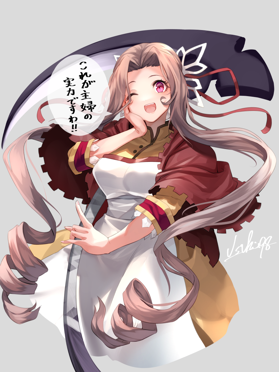 1girl, dress, drill_hair, grey_background, grey_hair, hand_on_own_face, highres, housewife