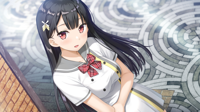 1girl, :d, bangs, black_hair, bow, bowtie, breasts, collarbone