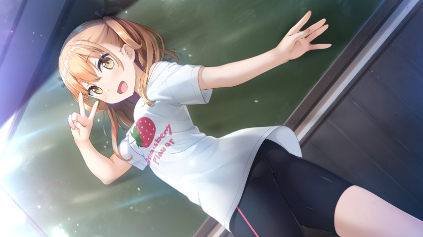 1girl, :d, asakura_kirika, bike_shorts, black_ribbon, black_shorts, brown_eyes, brown_hair