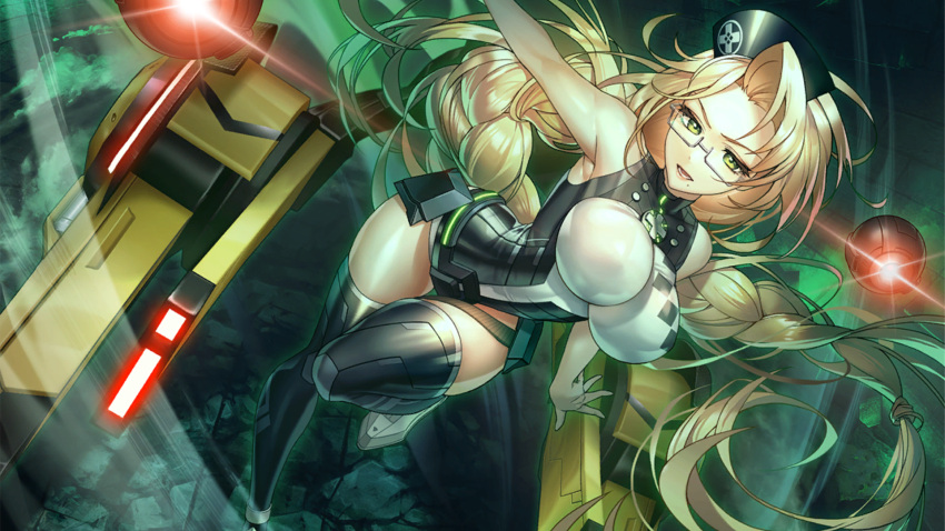 1girl, action_taimanin, armpits, bare_shoulders, blonde_hair, bouncing_breasts, braid, braided_ponytail
