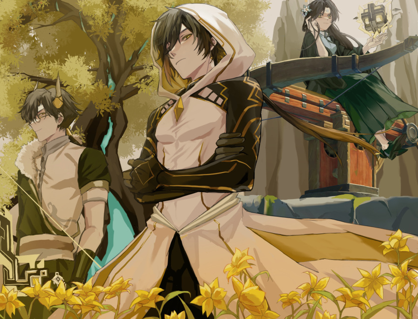 1girl, 2boys, :|, alternate_costume, arm_tattoo, azhdaha_(genshin_impact), ballista, bangs