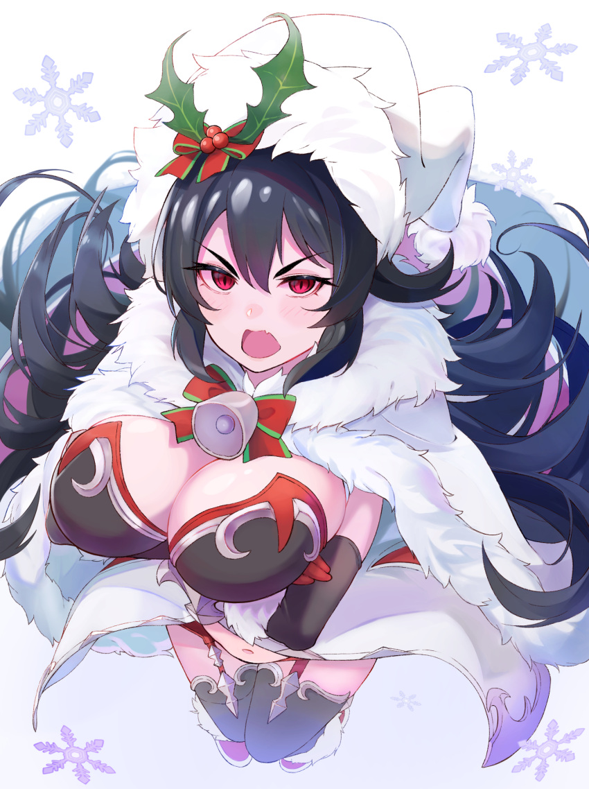 1girl, blush, breasts, christmas, cloak, highres, ilya_(princess_connect!), large_breasts, long_hair, looking_at_viewer, open_mouth, princess_connect!, red_eyes, shimon_(31426784), snowflakes