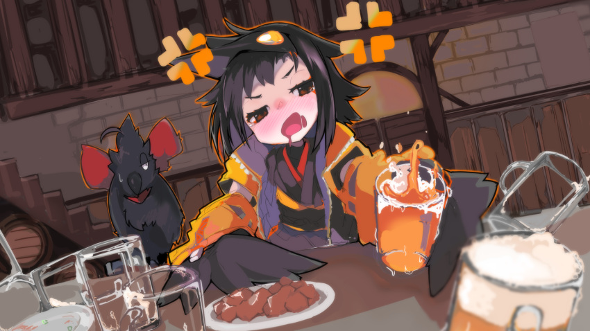 albacrow_ill, alchemy_stars, alcohol, anger_vein, bangs, beer, beer_mug, bird, bird_hat, black_feathers, black_hair, black_wings, blush, bow, brown_eyes, commentary_request, crow, cup, drunk, eho_(alchemy_stars), feathered_wings, feathers, food, harpy, highres, holding, holding_cup, indoors, monster_girl, mug, nose_blush, open_mouth, plate, red_bow, short_hair, sweatdrop, tearing_up, winged_arms, wings