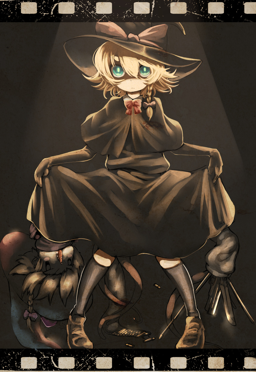 2girls, absurdres, bangs, black_capelet, black_gloves, black_headwear, black_legwear, black_shirt