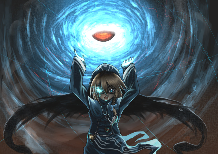 1girl, alternate_costume, arms_up, bangs, blonde_hair, blue_bow, blue_eyes, blue_jacket