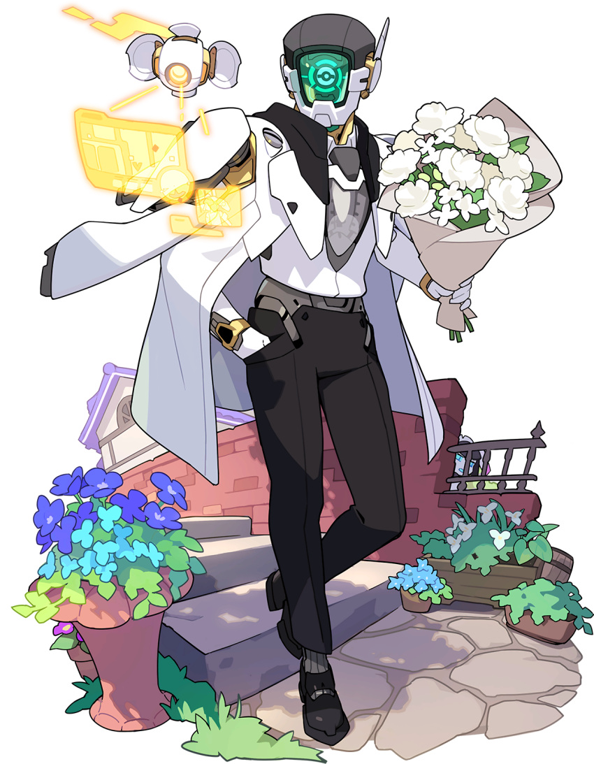 1boy, 1girl, aqua_eyes, artist_request, barrel, black_footwear, black_pants, blue_eyes, blue_flower, bouquet, brick_wall, building, collared_shirt, day, dia_(world_flipper), drone, flower, formal, full_body, gloves, glowing, glowing_eyes, grass, grey_legwear, hand_in_pocket, hiding, highres, holding, holding_bouquet, holographic_interface, humanoid_robot, jacket, jacket_on_shoulders, long_sleeves, male_focus, non-web_source, official_art, one-eyed, open_clothes, open_jacket, outdoors, pants, peeking_out, pink_flower, plant, pocket, potted_plant, purple_flower, regis_(world_flipper), ribbed_legwear, shirt, shoes, socks, solo_focus, stairs, suit, transparent_background, walking, white_flower, white_gloves, white_jacket, white_shirt, world_flipper