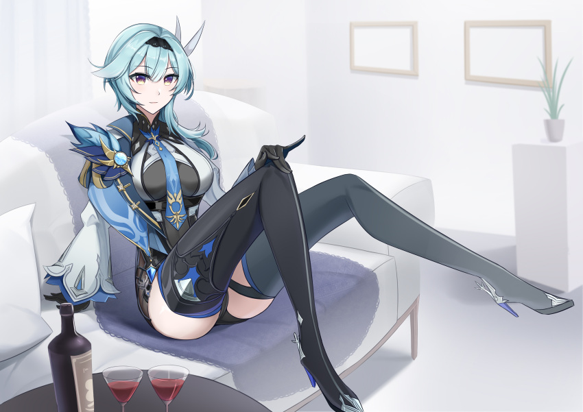 1girl, absurdres, alcohol, ass, bangs, black_legwear, black_shorts, blue_hair