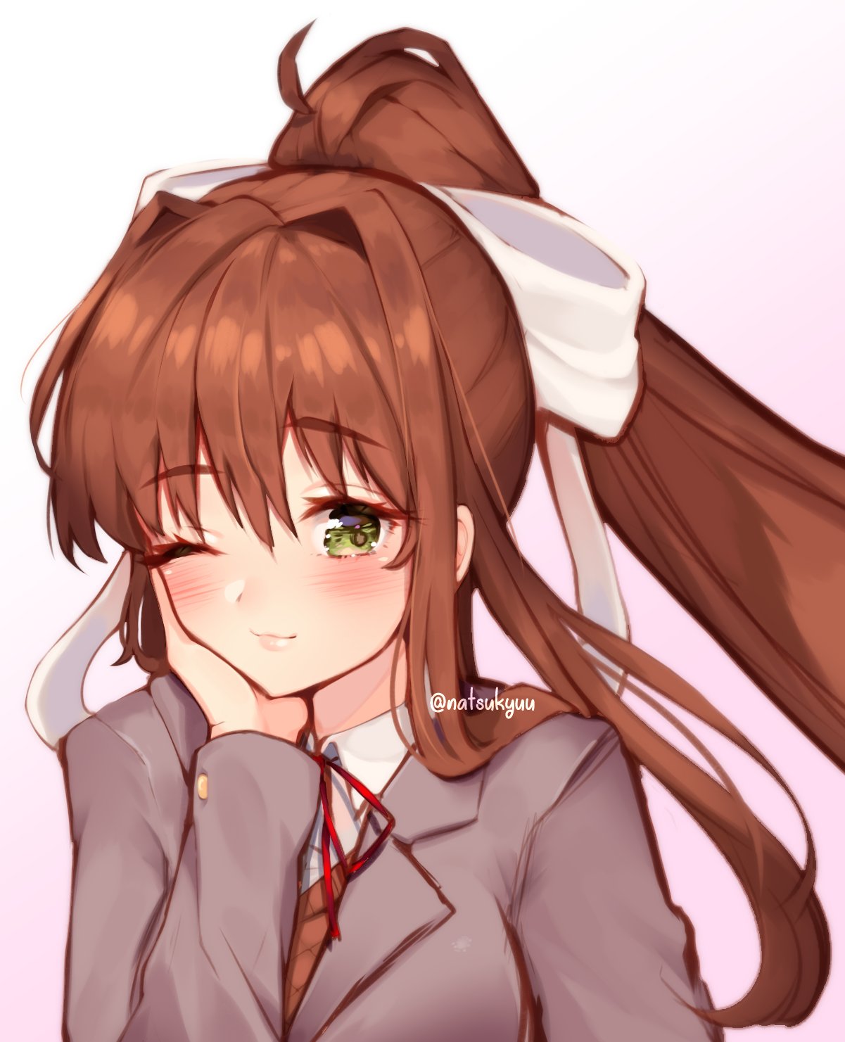1girl, ;), artist_name, bangs, blazer, blush, bow, brown_hair, closed_mouth, doki_doki_literature_club, eyebrows_visible_through_hair, green_eyes, highres, jacket, long_hair, looking_at_viewer, monika_(doki_doki_literature_club), natsukyu, one_eye_closed, ponytail, school_uniform, smile, solo, white_bow