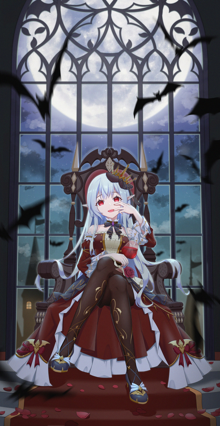 1girl, absurdres, black_legwear, black_neckwear, blue_footwear, chinese_commentary, crossed_legs, crown