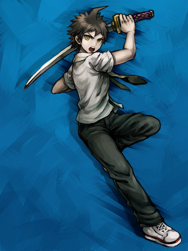 1boy, :o, ahoge, bangs, black_pants, blue_background, brown_hair, commentary_request
