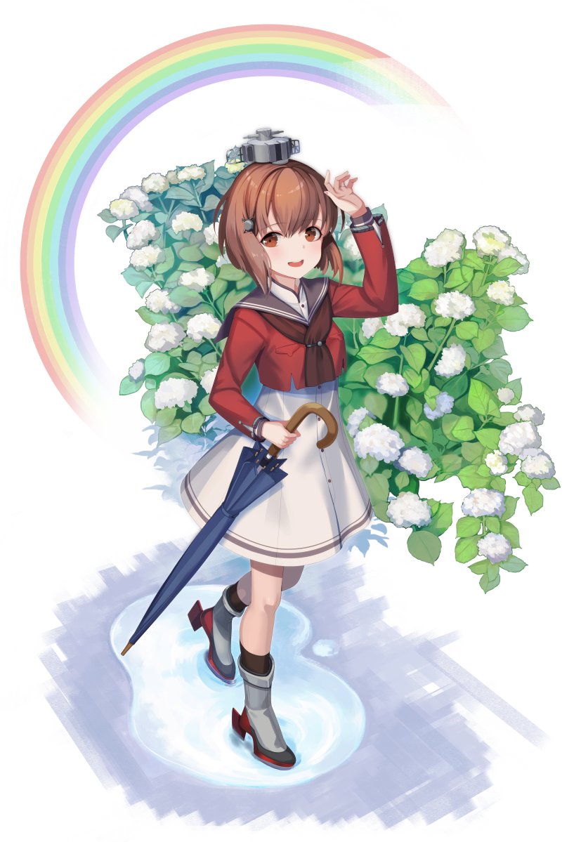 1girl, brown_neckwear, commentary_request, dress, flower, full_body, grey_sailor_collar, hair_ornament