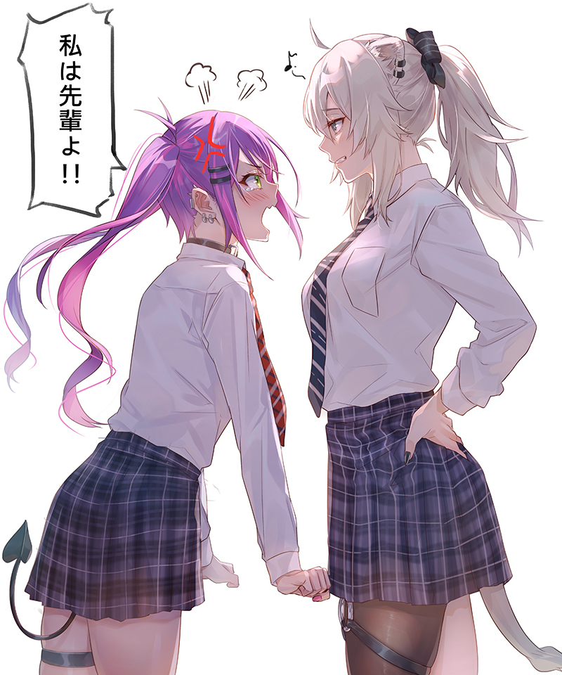 2girls, animal_ears, blush, choker, demon_tail, ear_piercing, green_eyes, grey_eyes