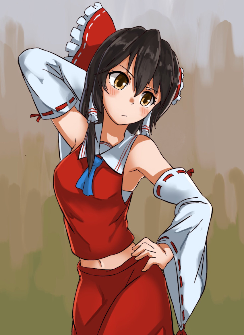 1girl, arm_up, armpit_peek, ascot, bangs, black_hair, blue_neckwear, blush