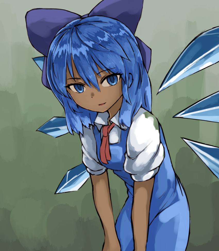 1girl, annyui_(cookie), bangs, blue_dress, blue_eyes, blue_hair, bow, cirno