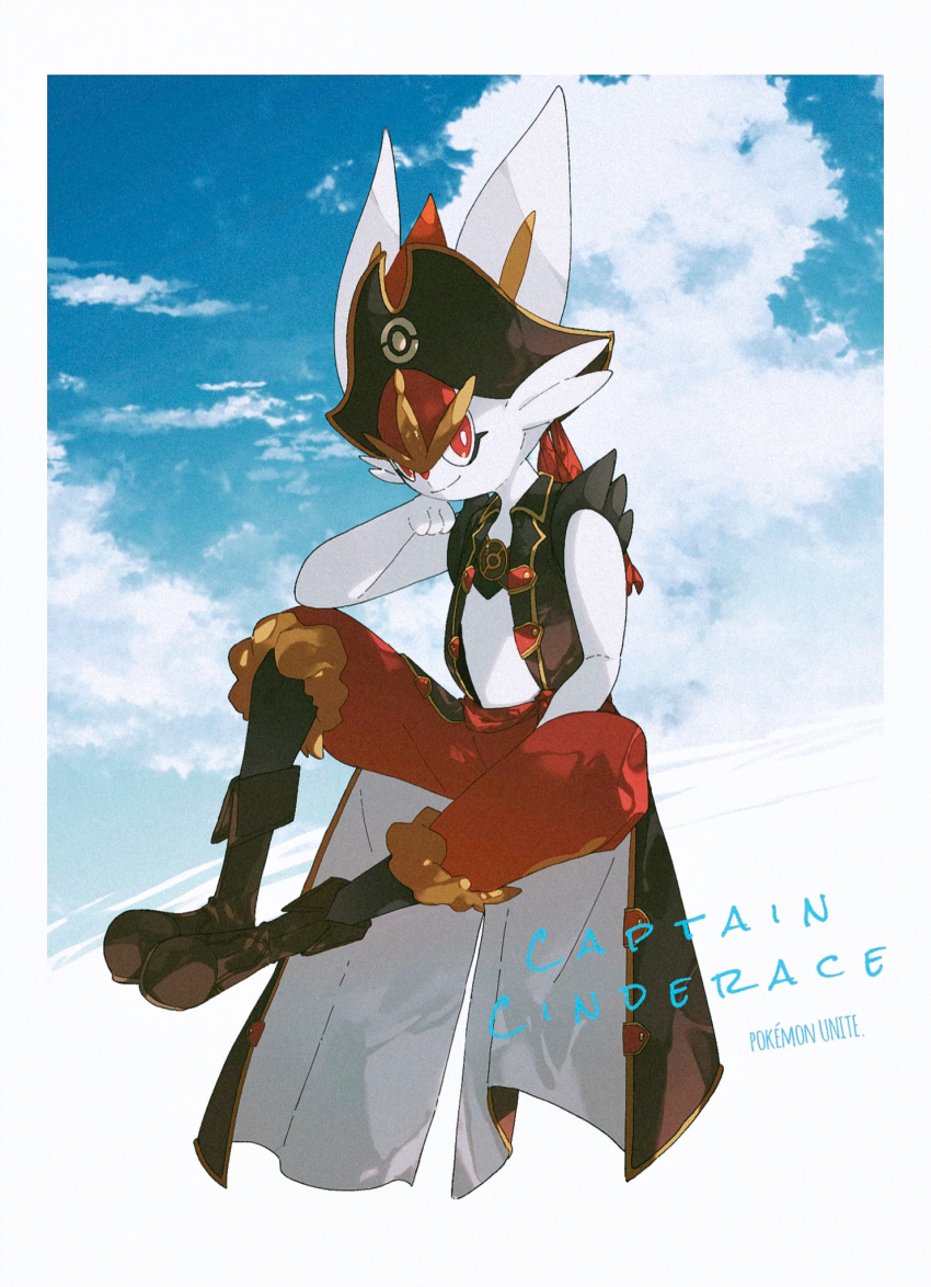 aya_(ayamenora), boots, border, bright_pupils, brown_footwear, character_name, cinderace, closed_mouth