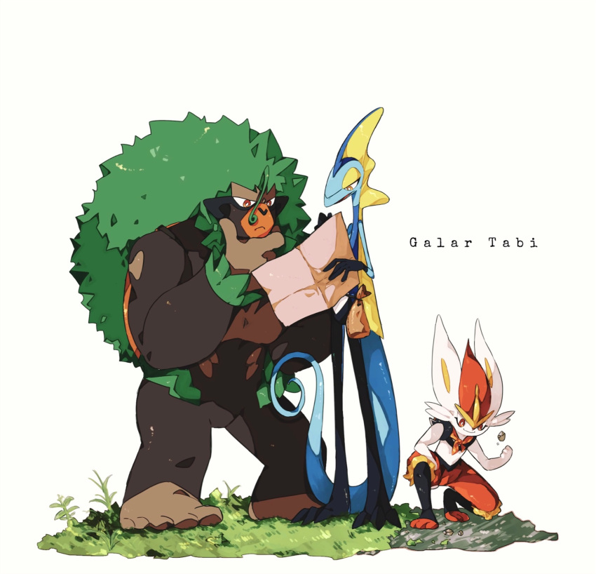 aya_(ayamenora), bright_pupils, chin_stroking, cinderace, closed_mouth, commentary_request, gen_8_pokemon, grass