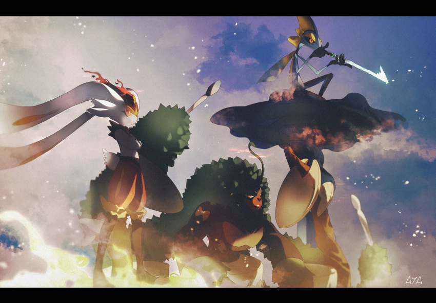 artist_name, aya_(ayamenora), black_sclera, cinderace, closed_mouth, clouds, colored_sclera, commentary_request