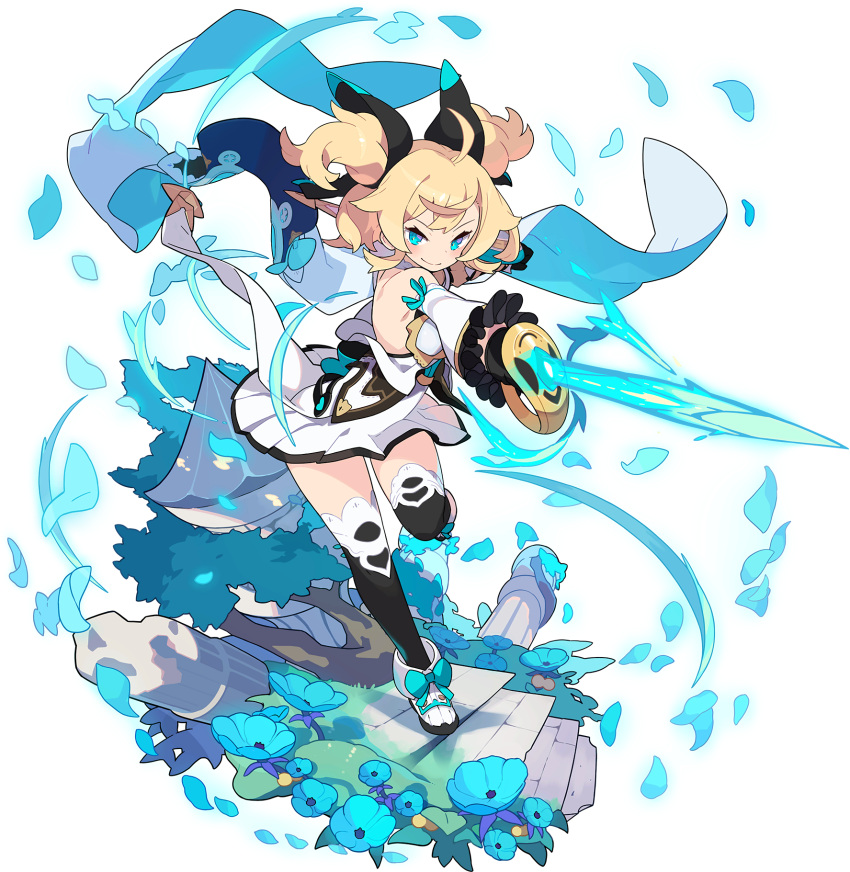 1girl, ahoge, aqua_bow, arm_shield, arm_up, artist_request, asymmetrical_gloves, back_bow