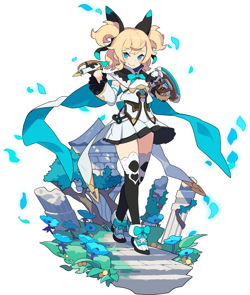 1girl, ahoge, aqua_bow, arm_shield, artist_request, asymmetrical_gloves, back_bow, bangs
