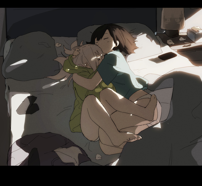 2girls, barefoot, black_hair, cellphone, closed_eyes, hand_on_another's_head, highres, hug