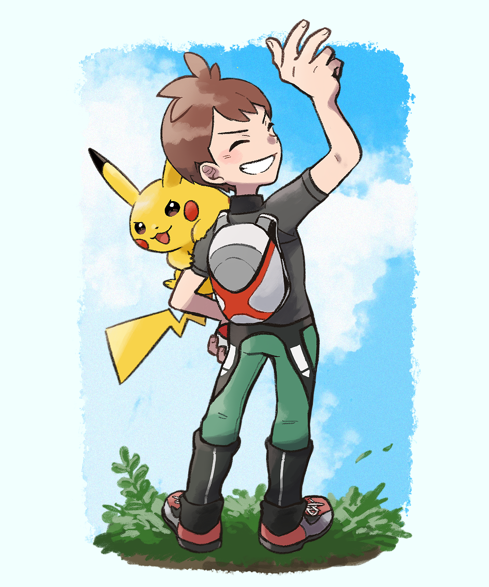 1boy, arm_up, bangs, blush_stickers, brown_hair, closed_eyes, clouds, day