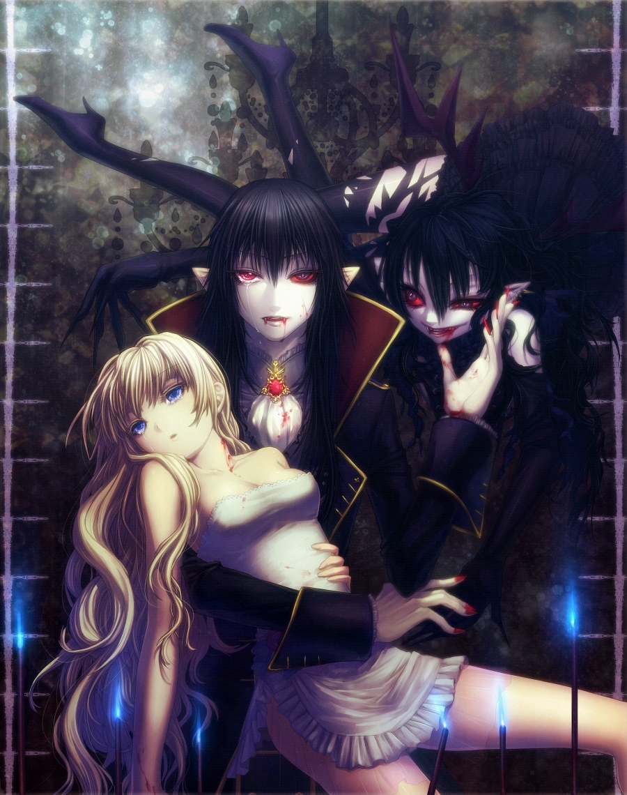 black_hair, black_legwear, blonde_hair, blood, blue_eyes, boots, breasts, claws, cleavage, demon_wings, dress, elbow_gloves, fang, fangs, frills, gloves, high_heels, io_(metronome), long_hair, nail_polish, original, pointy_ears, purple_eyes, red_eyes, red_sclera, shoes, tears, thigh-highs, thigh_boots, thighhighs, vampire, white_dress, wings