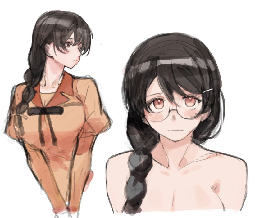 1girl, bakemonogatari, bare_shoulders, braid, breasts, eyewear_removed, glasses, hair_ornament, hairclip, hanekawa_tsubasa, highres, large_breasts, long_braid, long_sleeves, looking_at_viewer, monogatari_(series), multiple_pov, naoetsu_high_school_uniform, nude, puffy_long_sleeves, puffy_sleeves, red_eyes, rrr_ato, school_uniform, upper_body