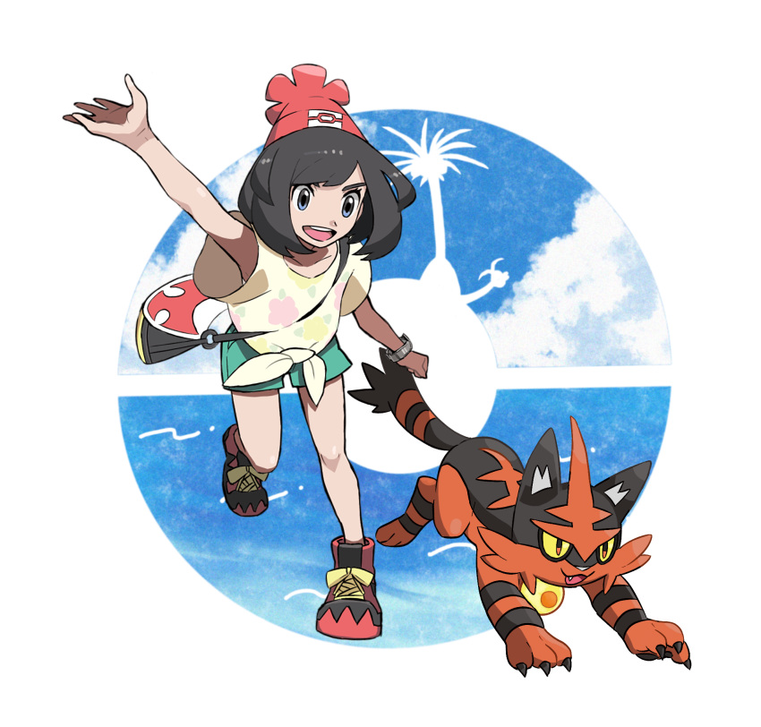 1girl, alolan_exeggutor, alolan_form, arm_up, bag, bangs, beanie, bracelet