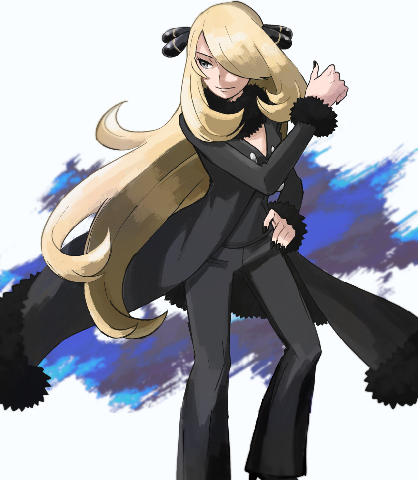 1girl, black_coat, black_footwear, black_pants, black_shirt, blonde_hair, closed_mouth, coat